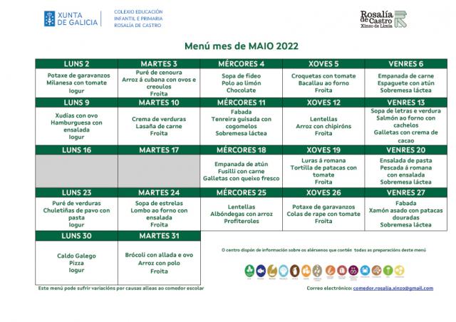 Menú escolar maio 2022