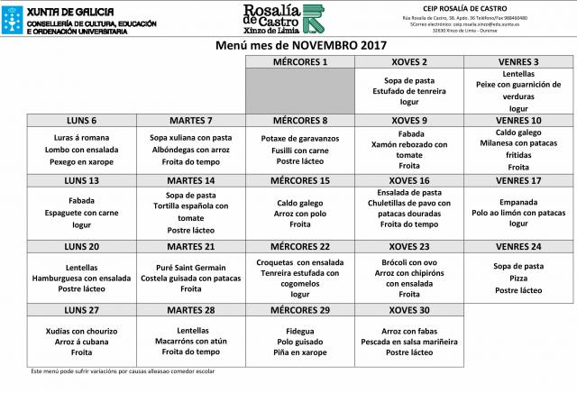 Menú escolar mes de novembro  2017