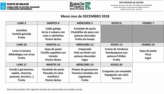 Menú escolar do mes de decembro de 2018