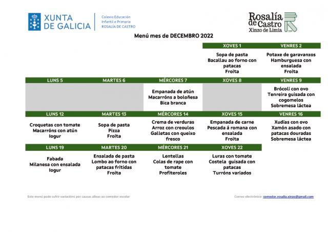 Menú escolar decembro 2022