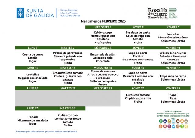 Menú escolar febreiro 2023