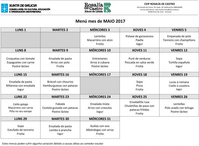 Menú escolar mes de maio 2017