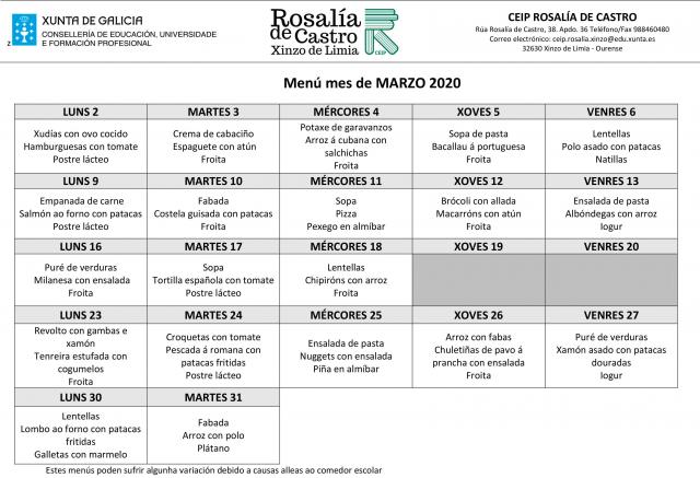 Menú escolar do mes de marzo