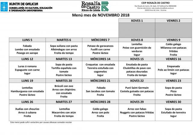 Menú escolar do mes de novembro de 2018