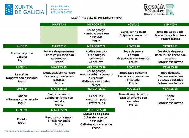 Menú escolar novembro 2022