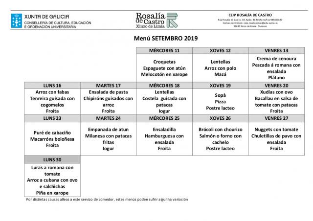 Menú escolar setembro 2019