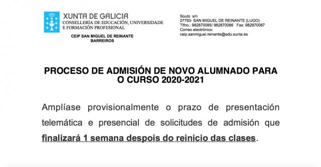 Información sobre o proceso de admisión do novo alumnado para o curso 2020-2021