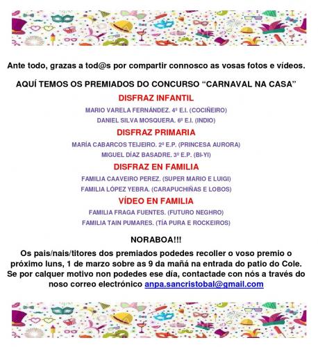 Listado dos premiados do concurso "Carnaval na casa"