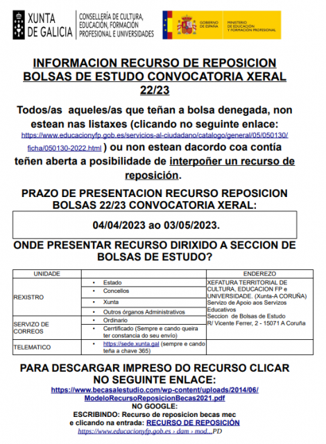 Información sobre presentación de recurso de reposición de bolsas de estudo do curso 2022/2023