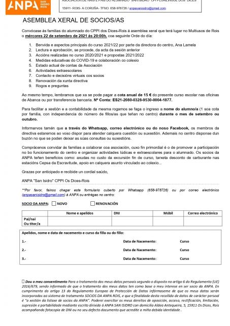 ASEMBLEA XERAL DE SOCI@S DA ANPA 2021/22