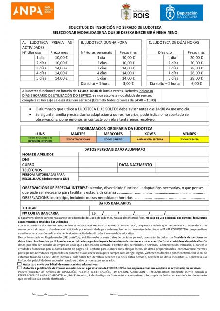 Formulario inscrición e datos bancarios do servizo de ludoteca 2021/22