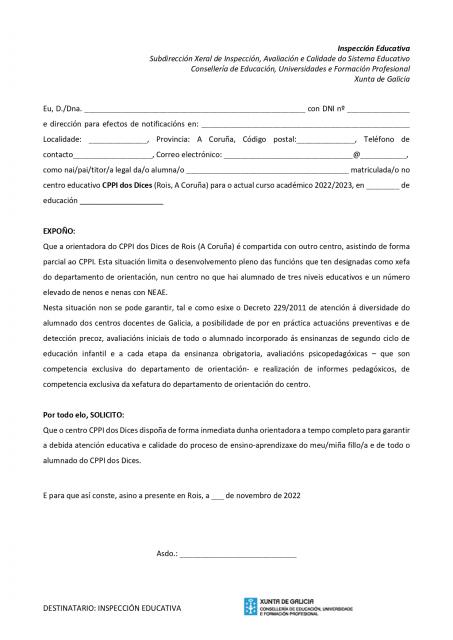 MODELO ESCRITO FAMILIAS PARA RECLAMAR SERVIZO ORIENTACIÓN A TEMPO COMPLETO