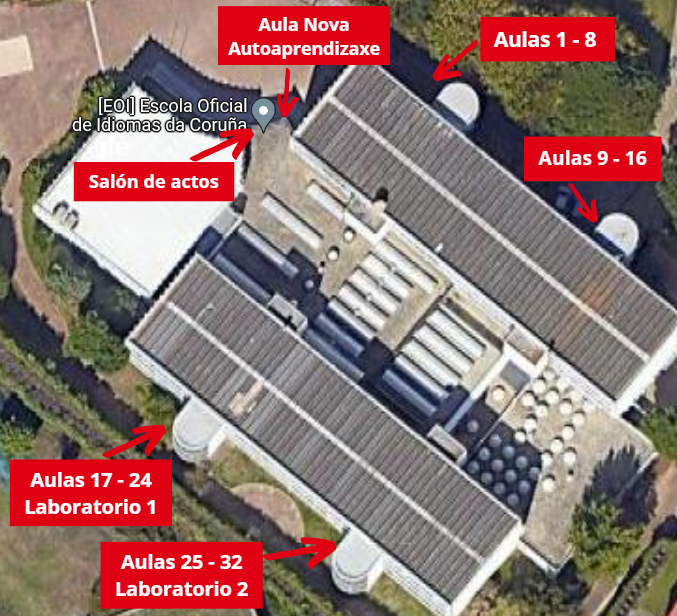imaxe de satélite da EOI cos accesos ás aulas