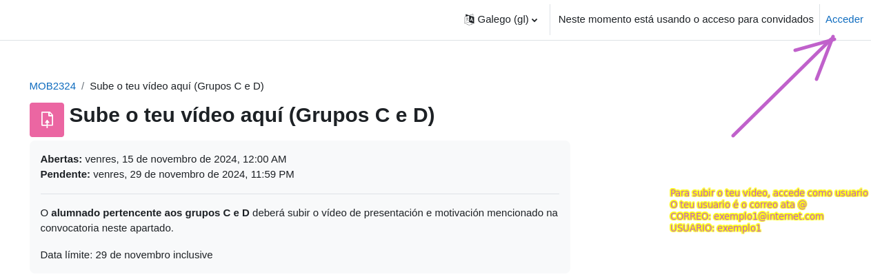 Para poder subir o teu vídeo, accede co teu usuario de Aula Moodle.