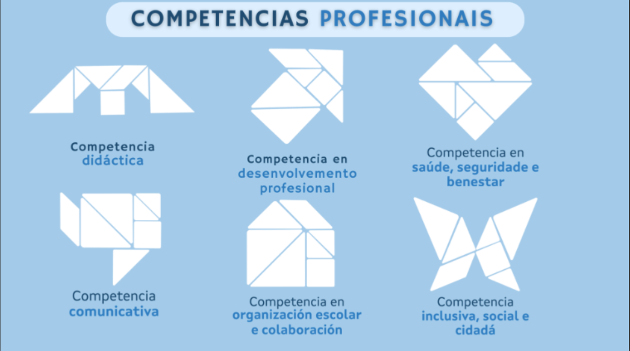 Competencias: didáctica, comunicativa, desenvolvemento profesional, organización escolar, saúde e benestar, inclusiva  social