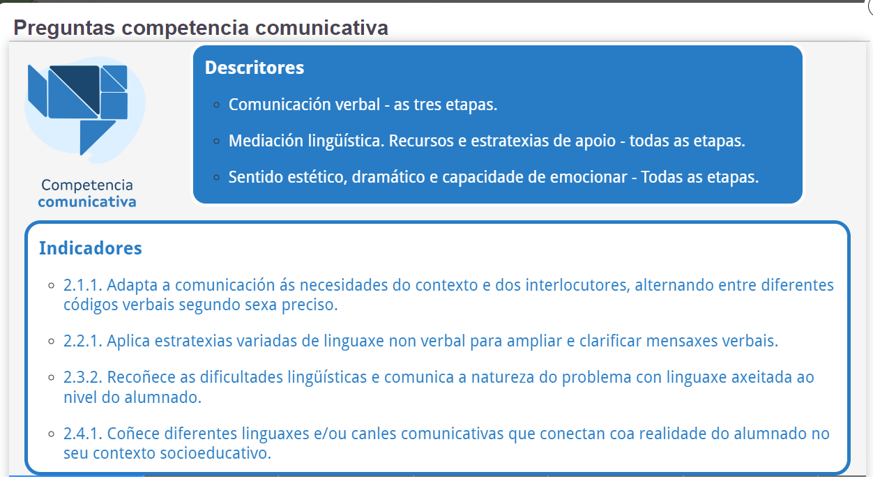 Imaxe: c. comunicativa - descritores: c. verbal, mediación lingüística, sentido estético. Indicadores 2.1.1, 2.2..1, 2.3.2