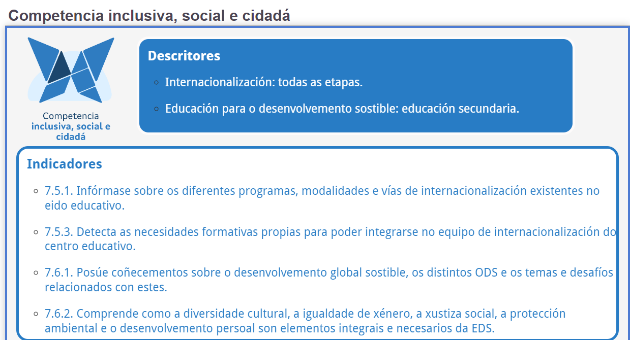 Imaxe: C. inclusiva, social e cidadá. Desc.: Internacionalización, Sostibilidade. Indicadores: 7.5.1, 7.5.3, 7.6.1, 7.6.2