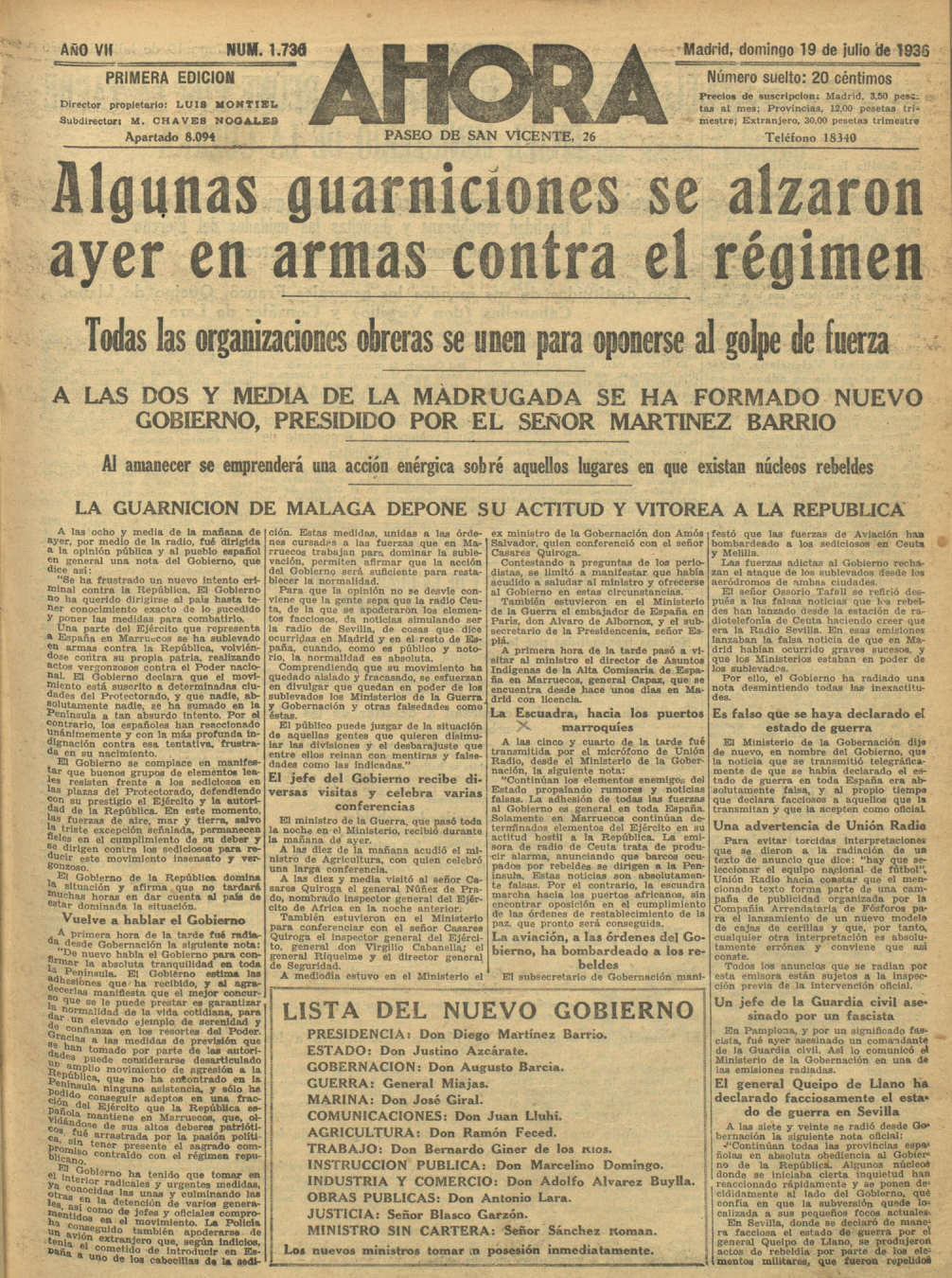 Xornal Ahora (19 de xullo de 1936)