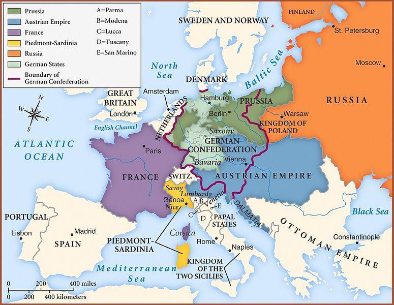 The national boundaries within Europe as set by the Congress of Vienna, 1815.