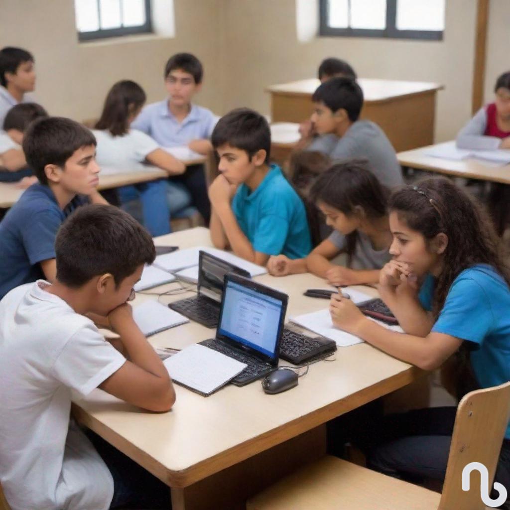 Grupo de alumnos estudiando con ordenadores en una clase