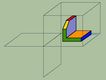 Una figura  con forma de piezas planas, aproximadamente cuadradas,  formando ángulo recto, y la que está vertical con una esquina recortada, se encuentra situada en el primer diedro, que aparece representado como un cubo de seis caras transparentes que encierran la pieza.