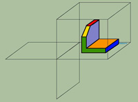Una figura  con forma de piezas planas, aproximadamente cuadradas,  formando ángulo recto, y la que está vertical con una esquina recortada, se encuentra situada en el primer diedro, que aparece representado como un cubo de seis caras transparentes que encierran la pieza. 