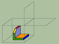 Una figura  con forma de piezas planas, aproximadamente cuadradas,  formando ángulo recto, y la que está vertical con una esquina recortada, se encuentra situada en el tercer diedro (tercer cuadrante), que aparece representado como un cubo de seis caras transparentes que encierran la pieza. 