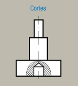 Corte en el dibujo técnico. Se representa un ejemplo de corte de una figura, de forma que la superficie cortada aparece rayada con líneas paralelas.