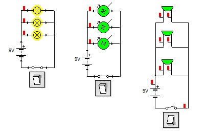 Imagen con tres circuitos en paralelo con símbolos, uno con tres lámparas, otro con tres motores y otro con tres zumbadores.