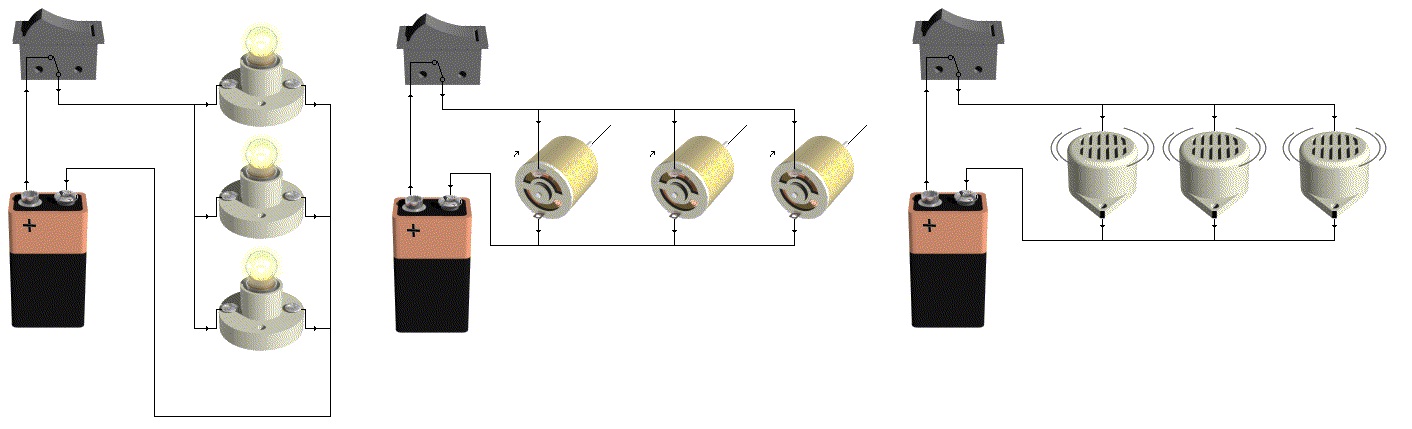 Imagen con tres circuitos en paralelo: uno con tres lámparas, otro con tres motores y otro con tres zumbadores.