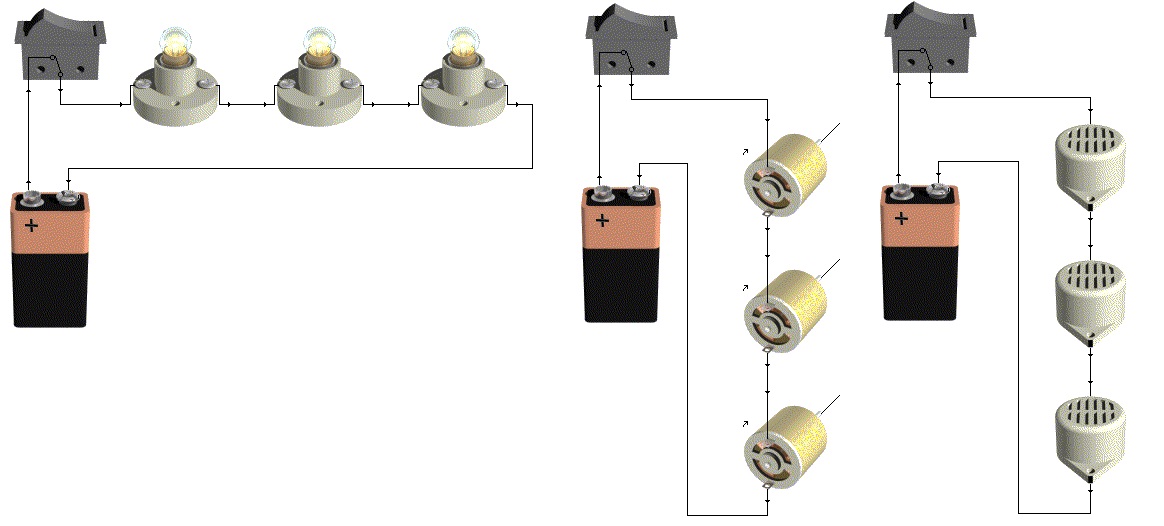 Imagen de circuitos serie: tres lámparas, tres motores y tre zumbadores.