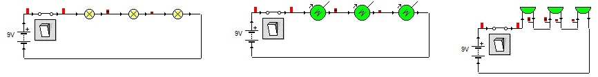 IMagen de tres circuitos serie con símbolos: con tres lámparas, tres motores y tres zumbadores.