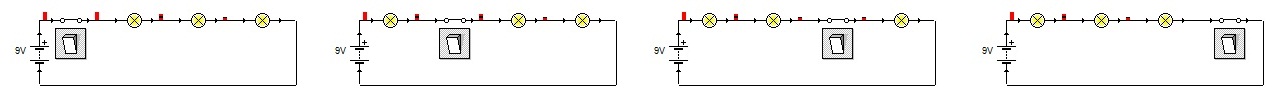 Imagen con símbolos de tres circuitos con tres lámparas en serie y con posiciones distintas del interruptor.