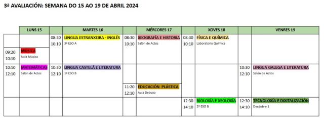 Horario dos exames de materias pendentes ESO 3ª avaliación