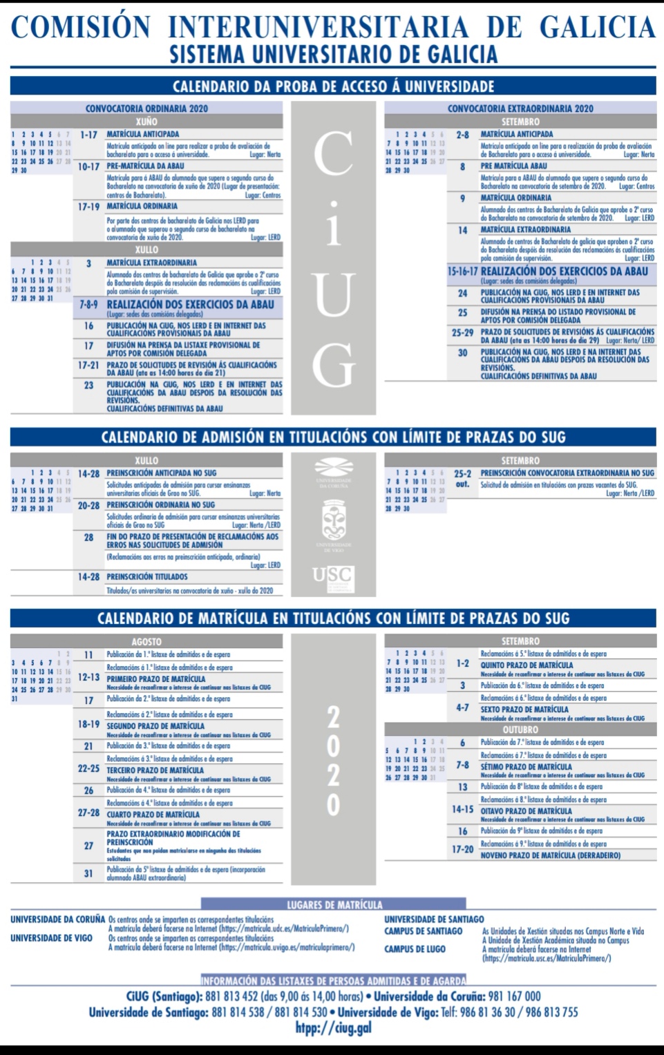 Calendario matrícula ABAU/ preinscripción y matrícula  SUG