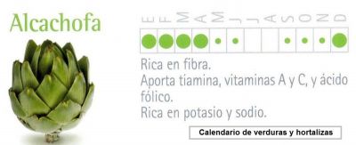 Alcachofas.Calendario de verduras y hortalizas.Contien fibra, vitamina A, C. potasio y sodio.Grupo IFA.2.013
