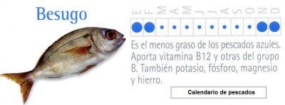 Besugo.Calendario de pescados.Es el menos graso de los pescados azules.Aporta vitamina B, potasio, fósforo, magnesio y hierro.Grupo IFA.2.013
