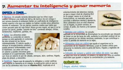 Inteligencia y memoria.Come sardinas, setas y mariscos para incrementarlas.Tu cerebro te lo agradecerá.Yolanda Vázquez.2.007
