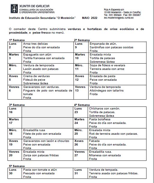 MENÚ MAIO 2022