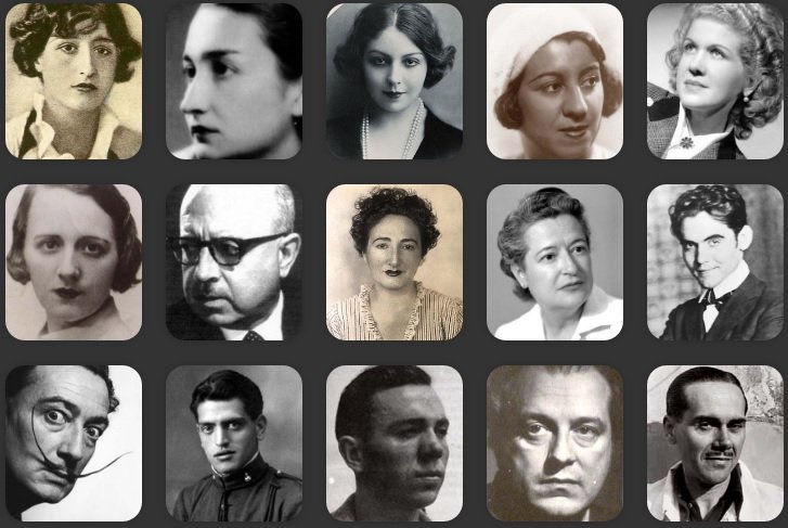 Generación del 27: Maruja Mallo, Mª Teresa León, Concha Méndez, Josefina de la Torre, María Zambrano,Dámaso Alonso, Rosa Chacel, Carmen Conde, Federico García Lorca, Salvador Dalí, Luis Buñuel, Miguel Hernández, Rafael Alberti y Luis Cernuda.  