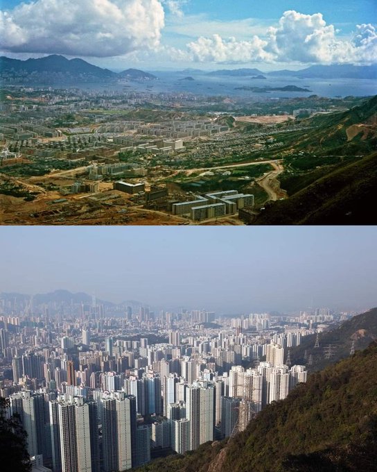 Hong Kong. A fotografía, tomada desde o norte da cidade, ilustra o seu crecemento entre 1964 e 2020.