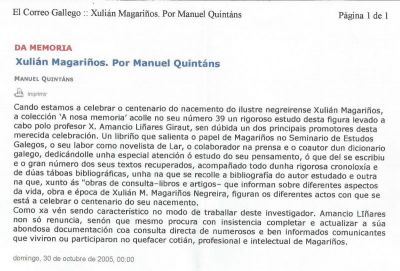 2014. HOMENAXE A XULIÁN MAGARIÑOS
110º aniversario do nacemento e 80º aniversario do falecemento de XULIÁN MANUEL MAGARIÑOS NEGREIRA (1904-1934), o avogado, escritor e intelectual galeguista que lle dá nome ó noso IES XULIÁN MAGARIÑOS.
Palabras chave: actividade cultural