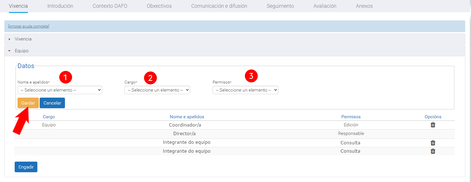 Captura da plataforma EduCalidade que amosa os datos para inserir aos membros do equipo responsable do Plan Dixital