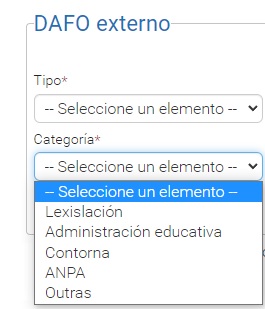 Captura da plataforma EduCalidade que amosa o procedemento para seleccionar as categorías externas dentro do DAFO