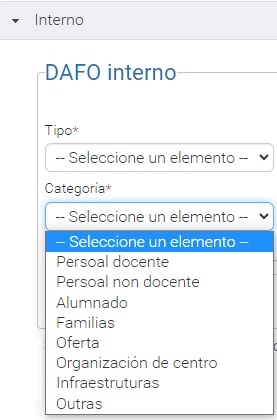 Captura da plataforma EduCalidade que amosa o procedemento para seleccionar as categorías internas dentro do DAFO