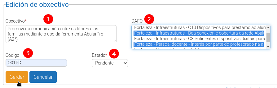 Captura da plataforma EduCalidade que amosa o apartado de edición dun obxectivo.