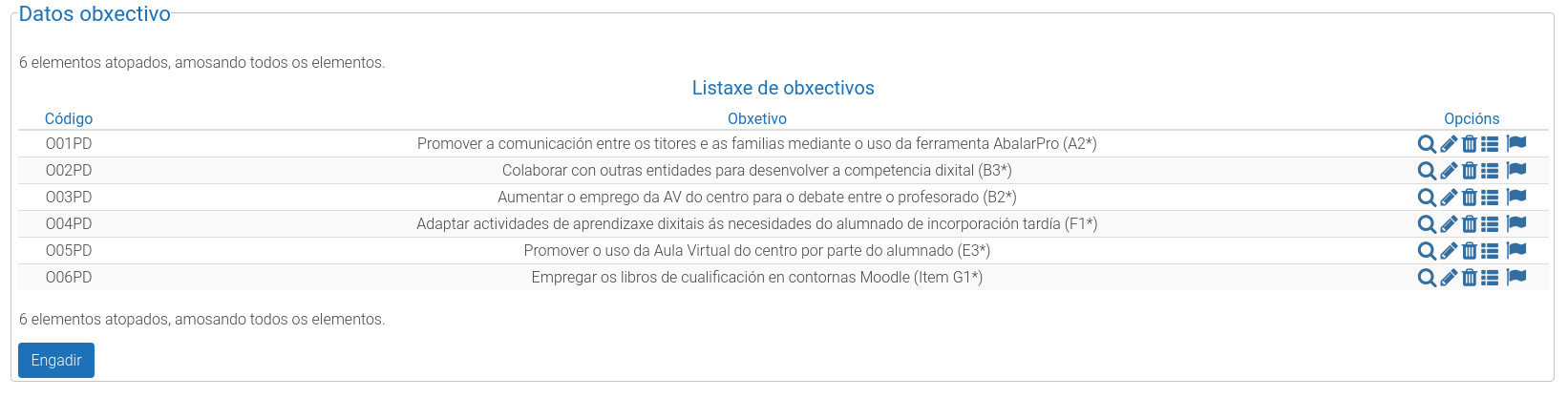 Captura da plataforma EduCalidade que amosa o apartado para a listaxe dos obxectivos.