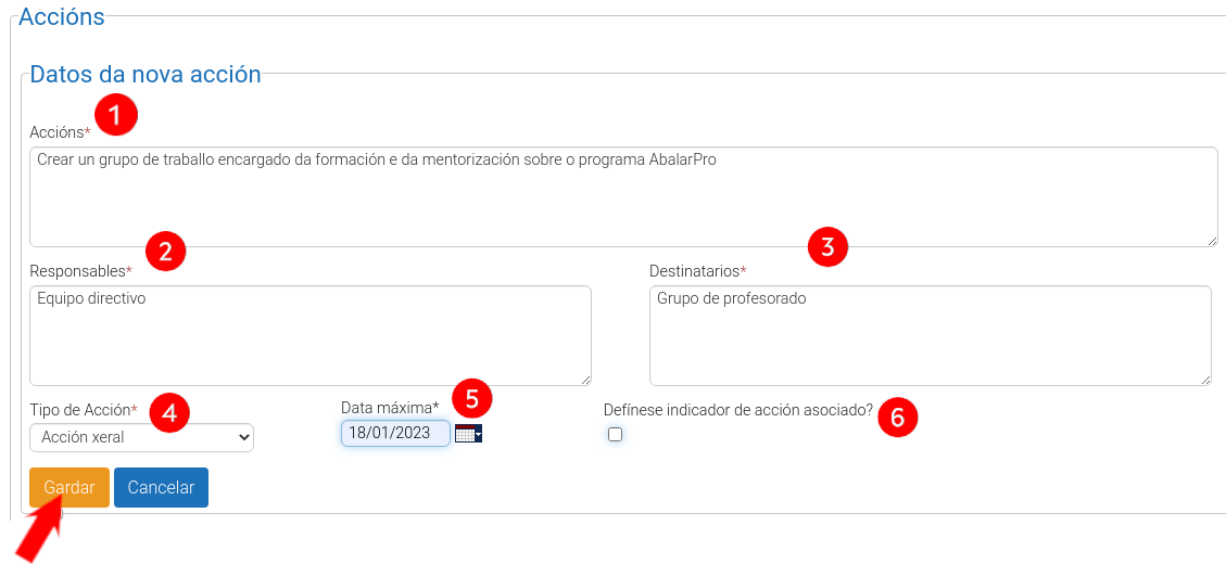 Captura da plataforma EduCalidade na que se amosa o apartado para a introdución de accións para un obxectivo.