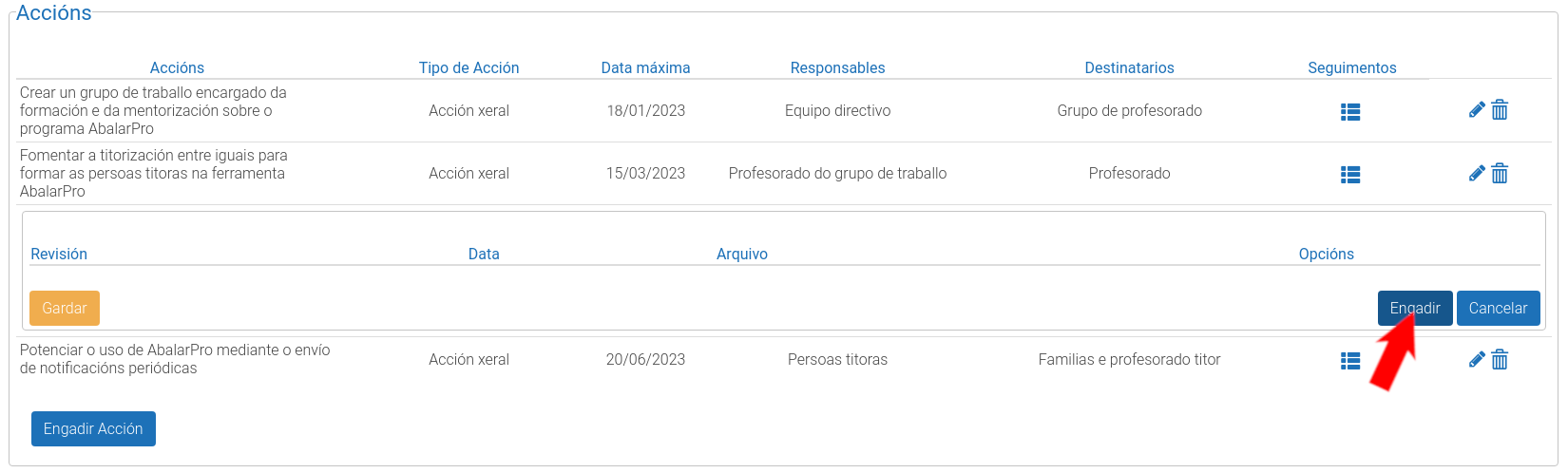 Captura da plataforma EduCalidade que amosa o procedemento para engadir a revisión das accións.