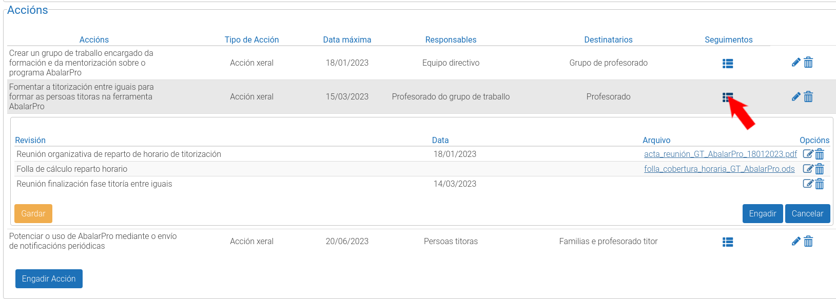 Captura da plataforma EduCalidade que amosa o procedemento para editar os datos de revisión das accións